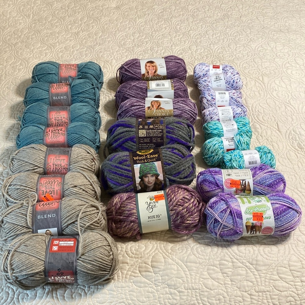 New Yarn 23 skeins - varying weights & fiber. Acrylic, wool & cotton.